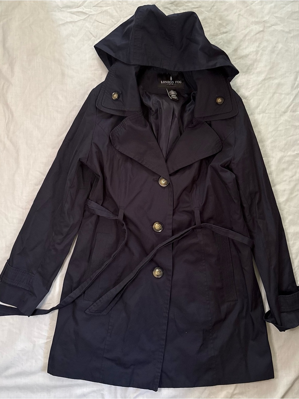 London Fog Women's Hooded Trench Coat - Navy Size Medium